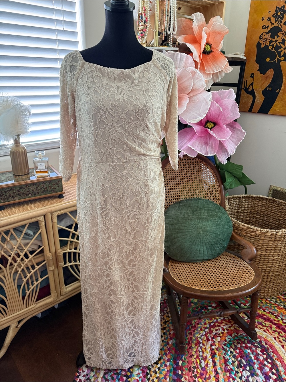 Lauren Ralph Lauren Evening Ivory Lace Ruched Formal Femme Maxi Gown Dress
